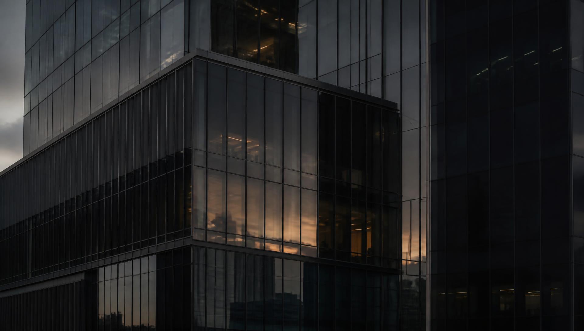 Dark glass and steel corporate tower facade at dusk